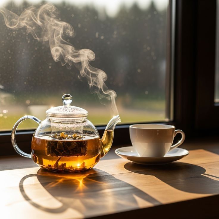 Illustration of a teapot with herbs steeping in warm water